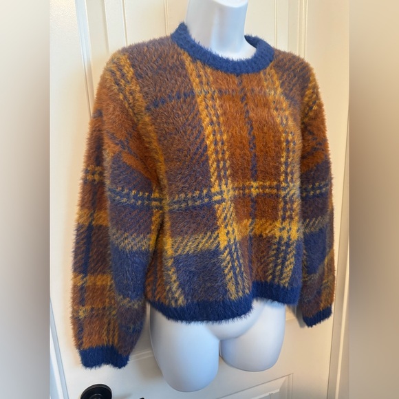 RVCA Fuzzy Plaid Long Sleeve Crewneck Fuzzy Sweater, Size Small - Picture 9 of 14